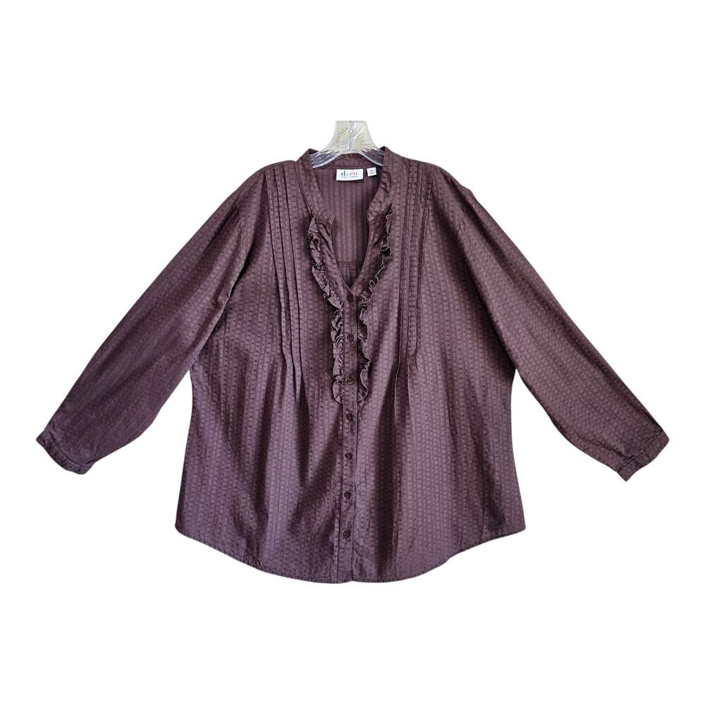 DENIM & CO Women Plus Size 2X Blouse Ruffle V-Neck, Button Up Brown Textured 50"